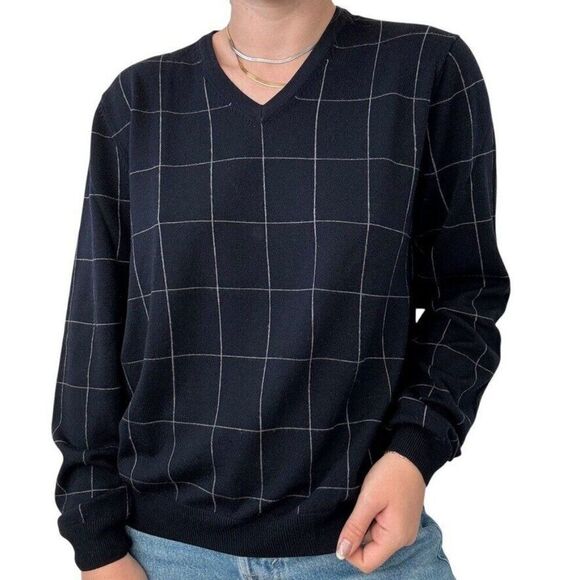 Vintage Brooks Brothers Country Club Navy Blue Checkered 100% Wool Sweater sz M - Picture 4 of 7